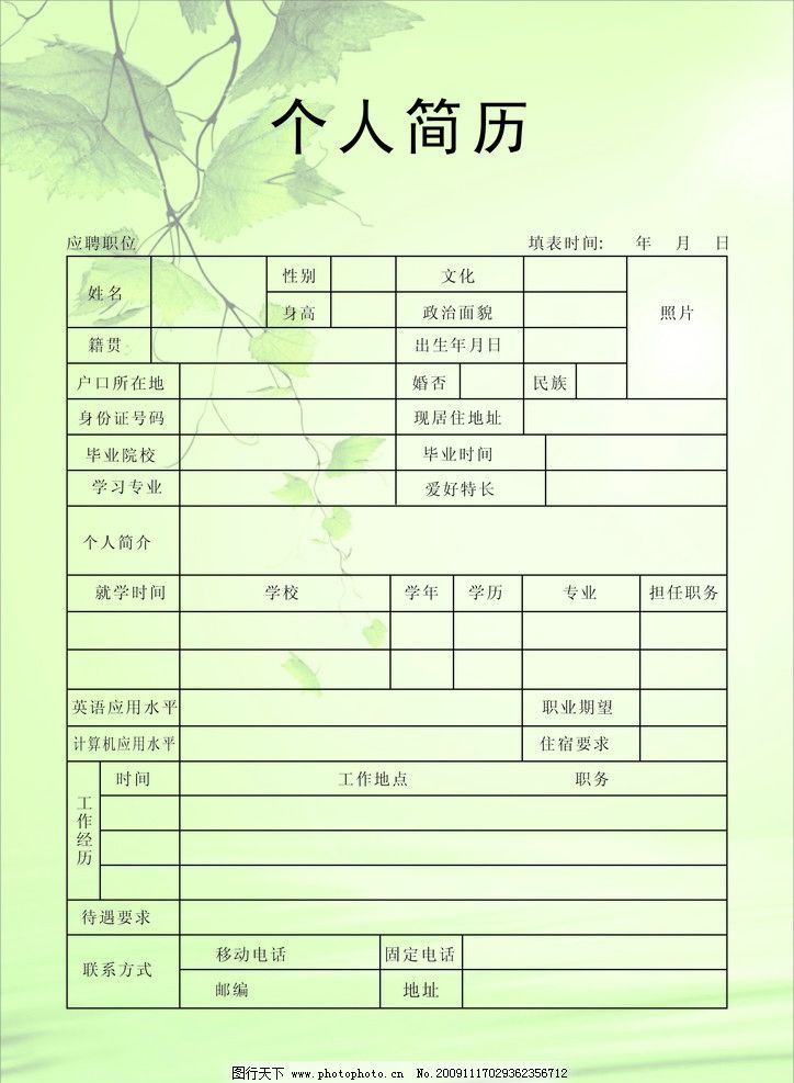 个人简历表 简历表 表格 简历表格 简历 画册设计 广告设计 矢量 cdr图片