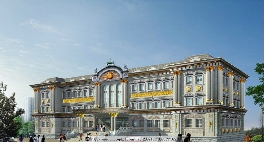 办公大楼 欧式建筑 罗马柱 线条 窗套 浮雕 人物雕塑 挂件 天空