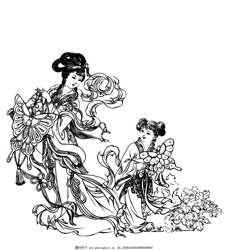 放风筝 白描 图案 绘画 古典 传统纹样 人物 神话传说 仕女 传统文化